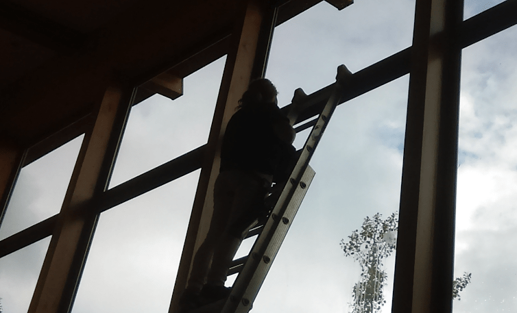Clean Windows on Residential House Inside On Ladder